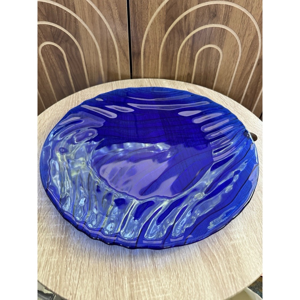 IVV Italy Cobalt Blue Glass Round CakePlate/Platter Textured Wave Pattern 14"